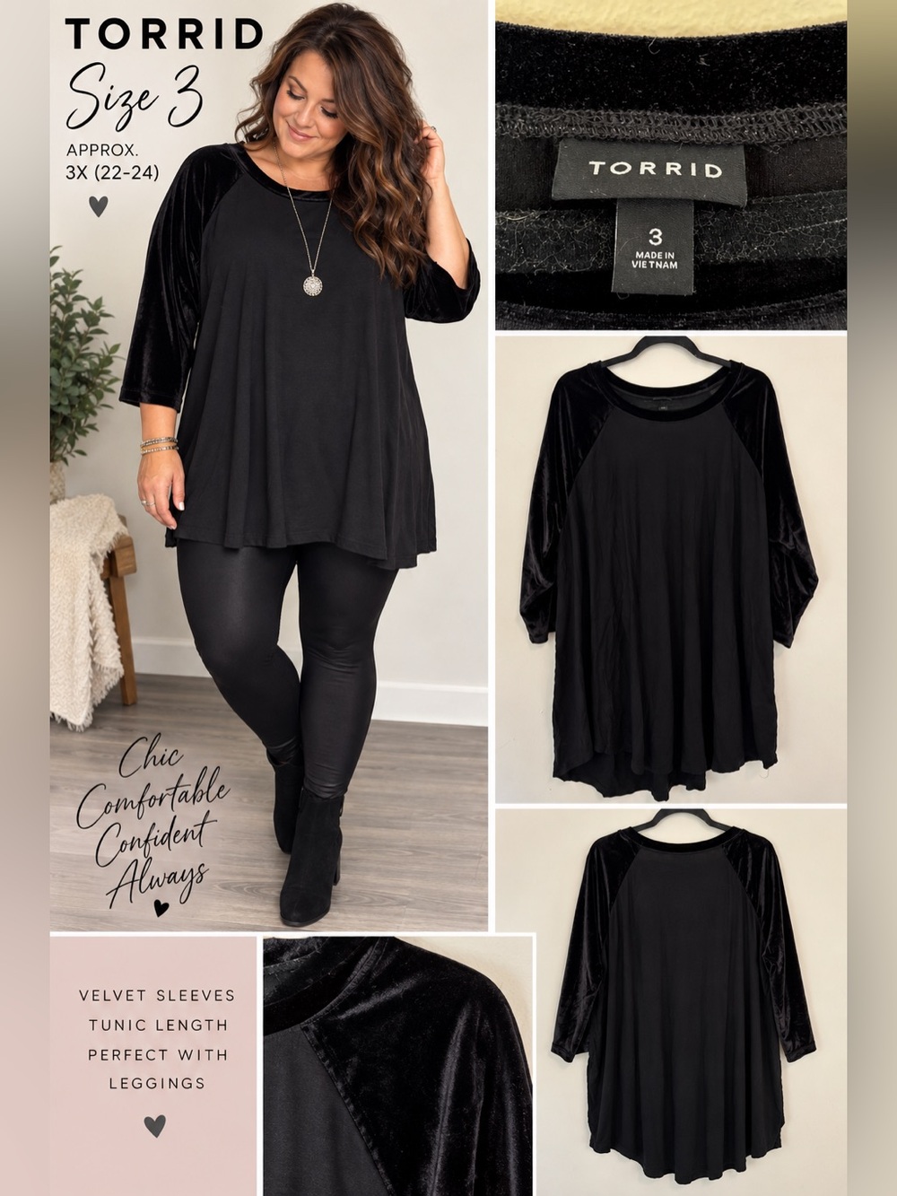 Torrid Black Velvet-Trim Raglan 3/4 sleeve shirt size 3